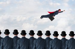 business progress concept superhero businessman flying past static competition