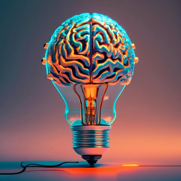 A lightbulb with a digital brain wire frame as the filament At the bottom of the image it says AI, cinematic, photo, poster, 3d render sticker, 4k, high detail, vibrant, conceptual art